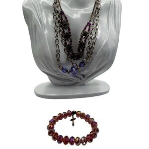 Vintage Layered Silver Chain & Purple Bead Necklace Bracelet Set N57